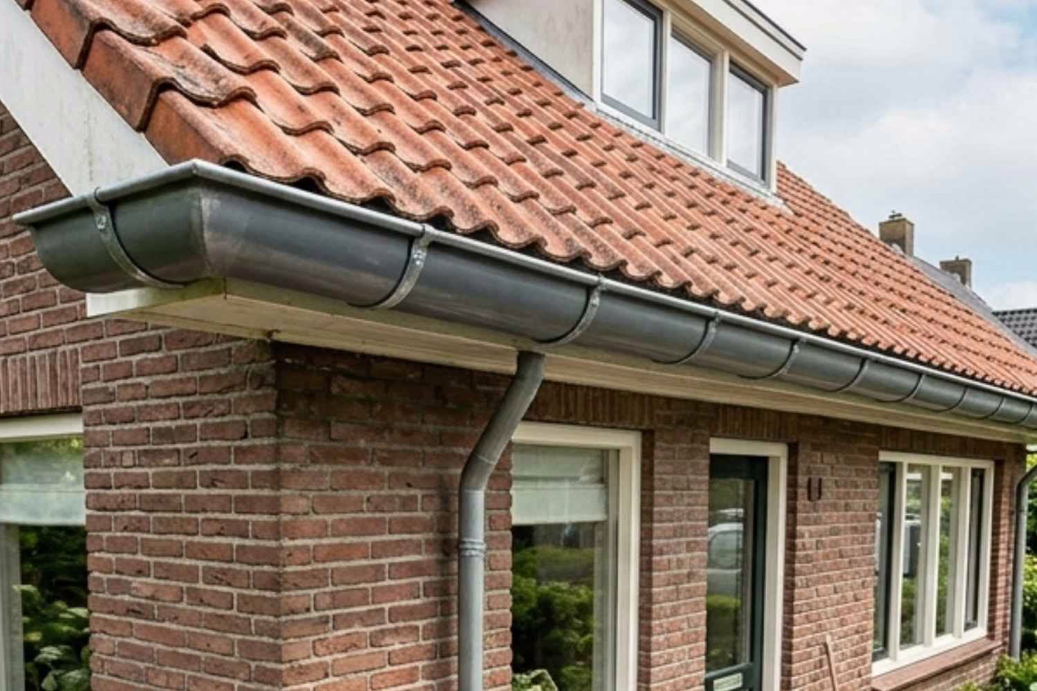 Nieuwe zinken dakgoot aan een woning met een pannendak