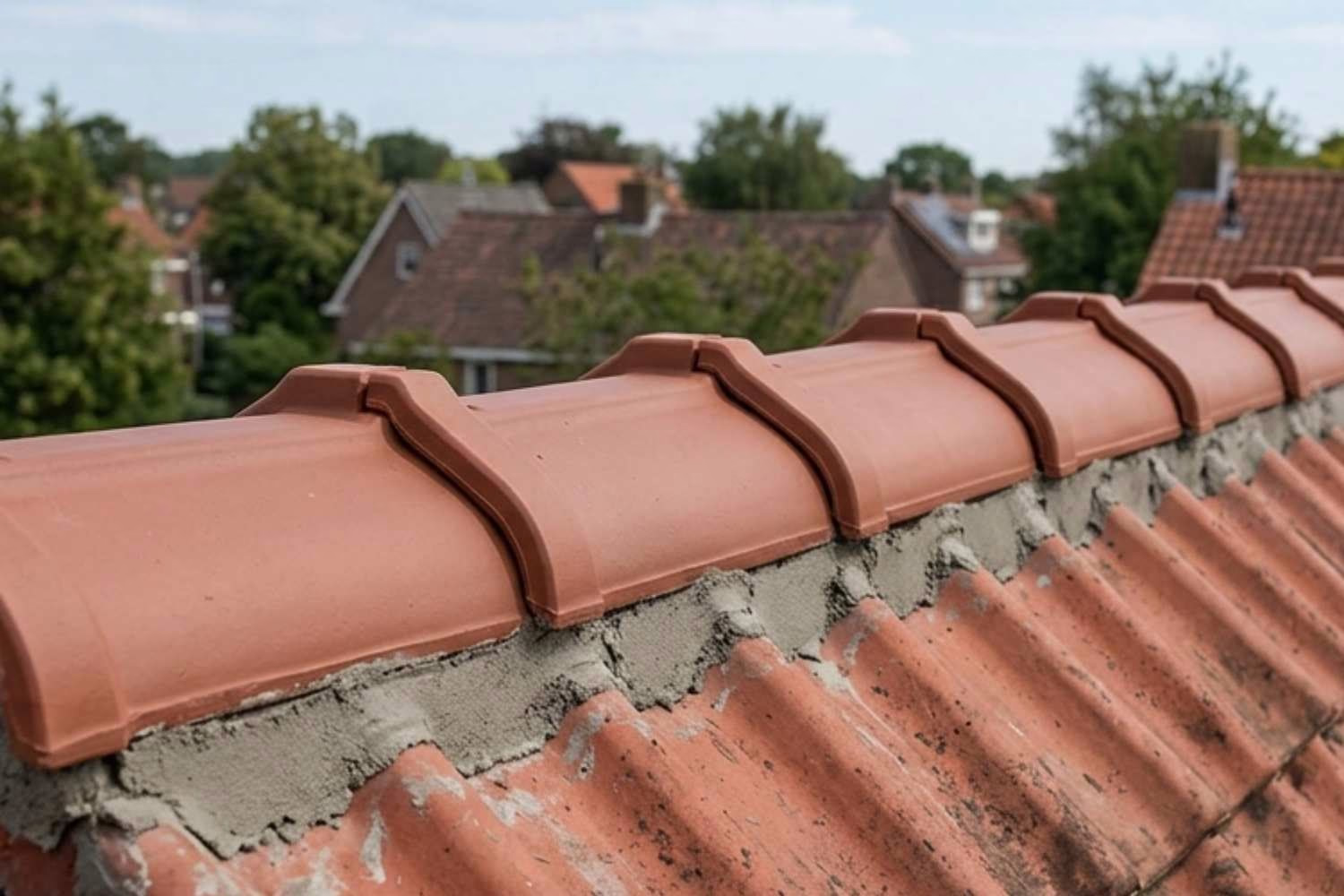 Nieuw geplaatste nokvorsten vastgezet in mortel op een pannendak