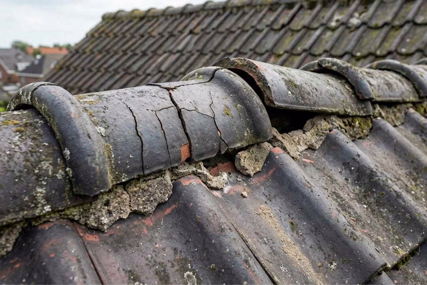 Gescheurde nokvorsten met afbrokkelende specie op een oud pannendak