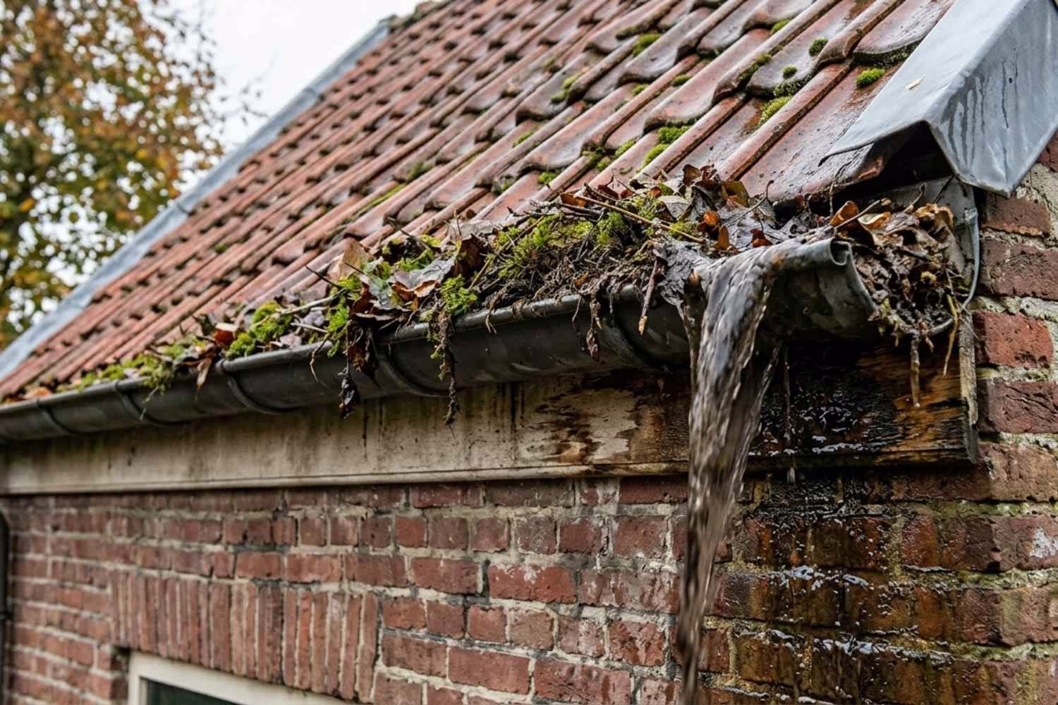Verstopte dakgoot met bladeren waardoor regenwater langs de muur loopt