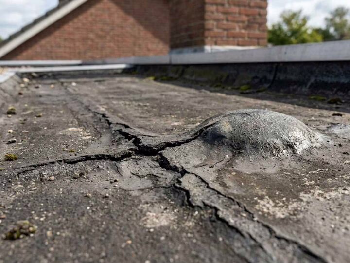 Gescheurde bitumen dakbedekking met een blaas, van dichtbij